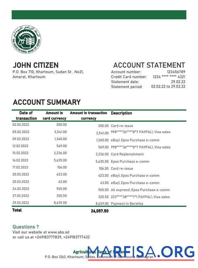 Blank Sudan Agricultural Bank of Sudan bank statement excel sample